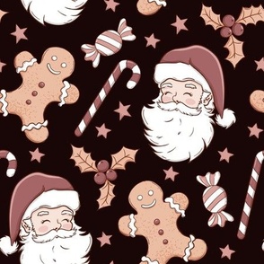 Boho Christmas fabric, Santa, gingerbread man WB23 large scale dark