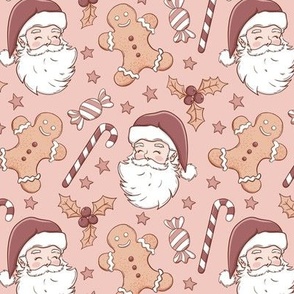 Boho Christmas fabric, Santa, gingerbread man WB23 medium scale mauve
