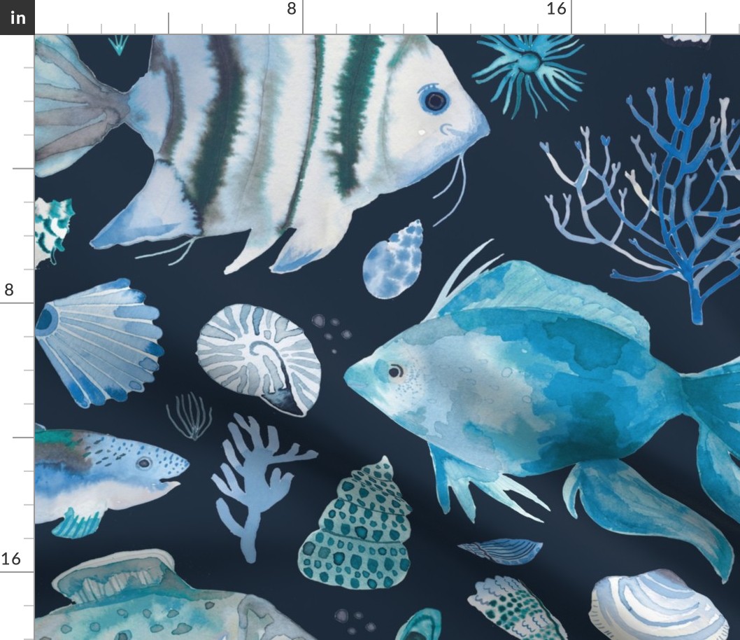  Ocean life Coastal watercolor Fish, seahorse, coral reef and shellfish Navy Blue Jumbo Large