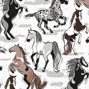 Large jumbo scale // Horses in the wind // white textured background grey and taupe brown beautiful line contour creatures toile look