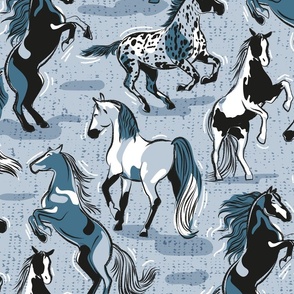 Large jumbo scale // Horses in the wind // pastel blue textured background monochromatic blue beautiful line contour creatures toile look