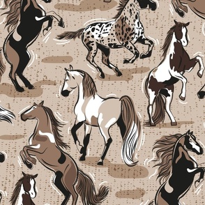 Large jumbo scale // Horses in the wind // greige textured background monochromatic mocha brown beautiful line contour creatures toile look
