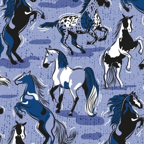Large jumbo scale // Horses in the wind // indigo blue textured background monochromatic electric blue beautiful line contour creatures toile look