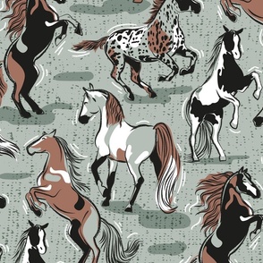 Large jumbo scale // Horses in the wind // sage green textured background green and taupe brown beautiful line contour creatures toile look