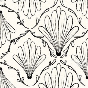 Two directional Art Deco hand drawn flowers in monochrome black on cream