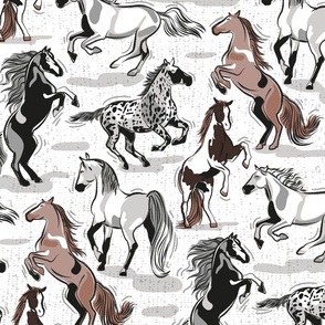 Normal scale // Horses in the wind // white textured background grey and taupe brown beautiful line contour creatures toile look