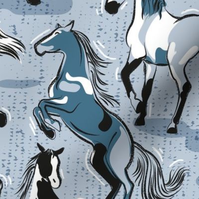 Normal scale // Horses in the wind // pastel blue textured background monochromatic blue beautiful line contour creatures toile look