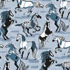 Normal scale // Horses in the wind // pastel blue textured background monochromatic blue beautiful line contour creatures toile look