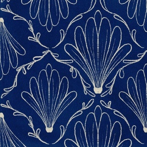 Two directional Art Deco hand drawn flowers in cream on navy blue