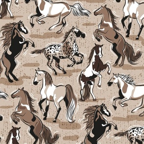 Normal scale // Horses in the wind // greige textured background monochromatic mocha brown with beautiful line contour creatures toile look