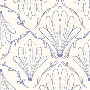 Two directional Art Deco hand drawn flowers in periwinkle on cream