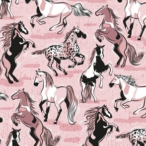 Normal scale // Horses in the wind // cotton candy pink textured background monochromatic pink rose beautiful line contour creatures toile look
