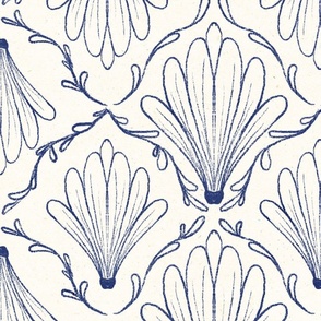 Two directional Art Deco hand drawn flowers in navy blue on cream