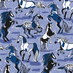 Normal scale // Horses in the wind // indigo blue textured background monochromatic electric blue beautiful line contour creatures toile look
