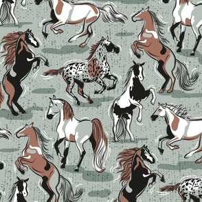 Normal scale // Horses in the wind // sage green textured background green and taupe brown beautiful line contour creatures toile look