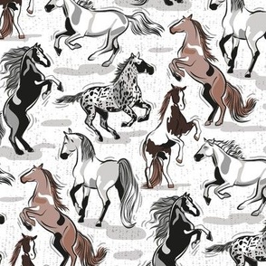 Small scale // Horses in the wind // white textured background grey and taupe brown beautiful line contour creatures toile look