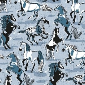 Small scale // Horses in the wind // pastel blue textured background monochromatic blue beautiful line contour creatures toile look