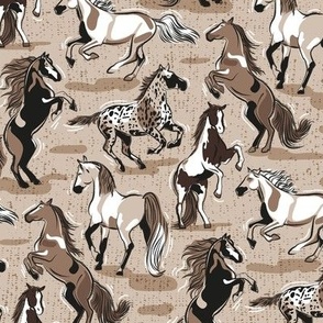 Small scale // Horses in the wind // greige textured background monochromatic mocha brown beautiful line contour creatures toile look