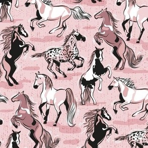 Small scale // Horses in the wind // cotton candy pink textured background monochromatic pink rose beautiful line contour creatures toile look