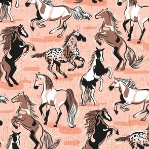 Small scale // Horses in the wind // rose textured background rose coral and taupe brown beautiful line contour creatures toile look