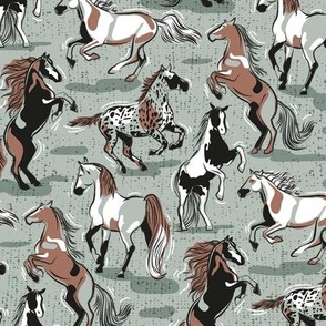Small scale // Horses in the wind // sage green textured background green and taupe brown beautiful line contour creatures toile look