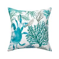 Coral reef watercolor Shellfish Crabs and lobsters Turquoise Blue Large