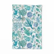 Coral reef watercolor Shellfish Crabs and lobsters Turquoise Blue Medium