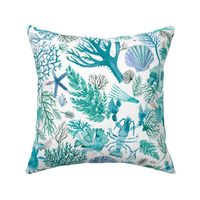 Coral reef watercolor Shellfish Crabs and lobsters Turquoise Blue Medium