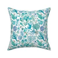 Coral reef watercolor Shellfish Crabs and lobsters Turquoise Blue Small