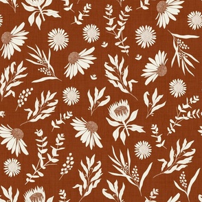 Jumbo Scale // Australiana Flora Eucalyptus, Echinacea, Protea and Wattle on Burnt Umber