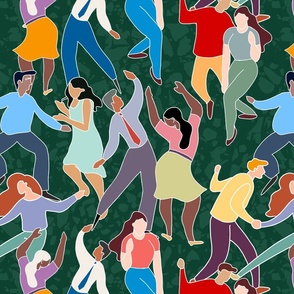 Dancing and celebrating people on dark green background - medium scale