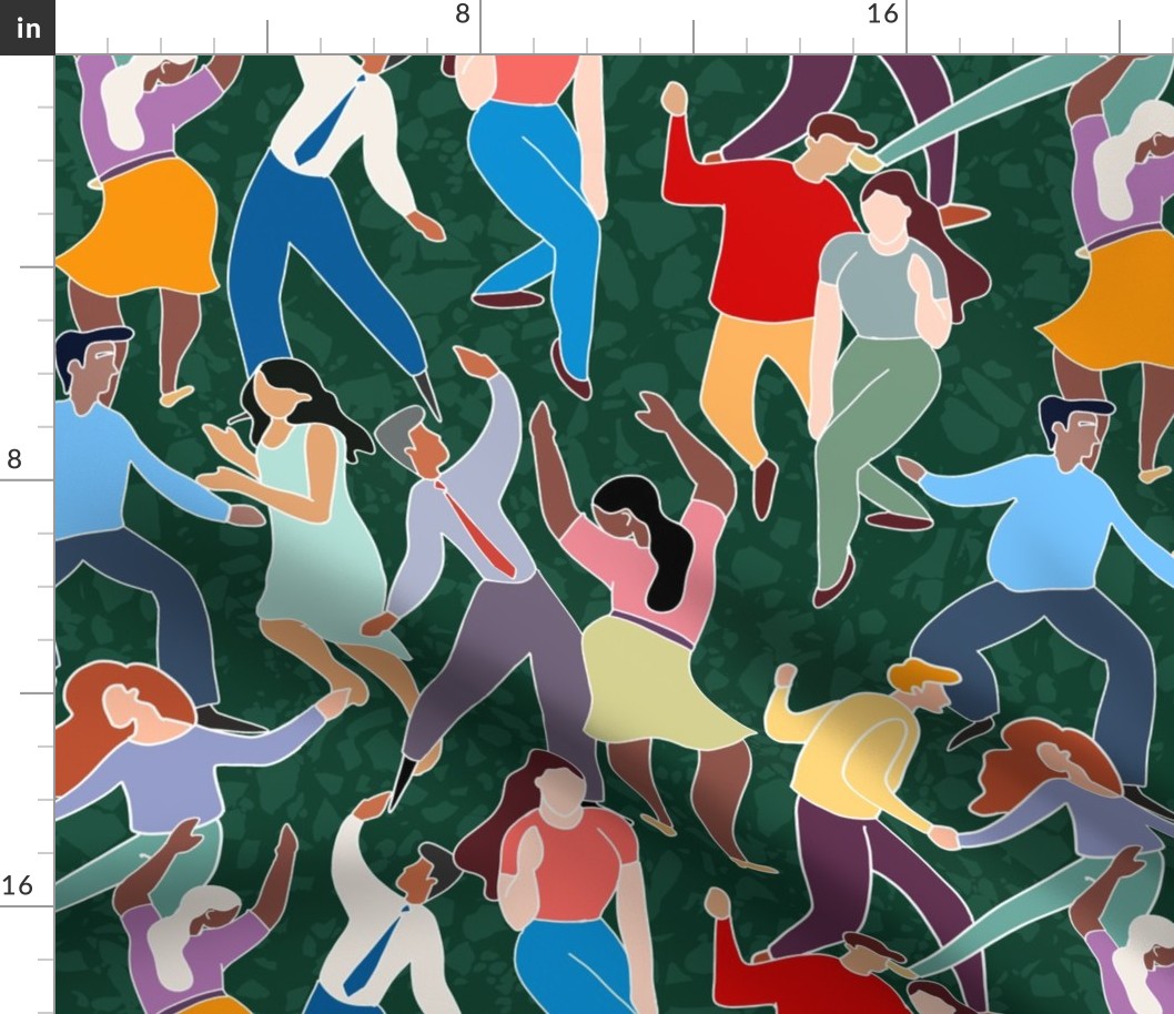 Dancing and celebrating people on dark green background - medium scale