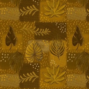 Tropical handdrawn non directional leaves on textured patchwork rectangles 6” repeat, earthy golden brown hues 