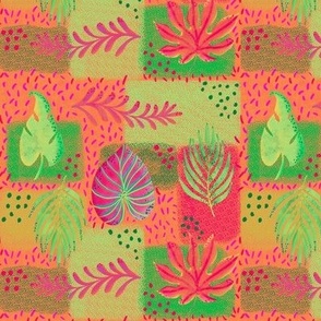 Tropical handdrawn non directional leaves on textured patchwork rectangles 6” repeat, neon effect colours cerise, lime green, orange, green