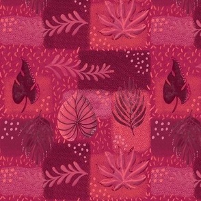 Tropical handdrawn non directional leaves on textured patchwork rectangles 6” repeat red monochrome hues