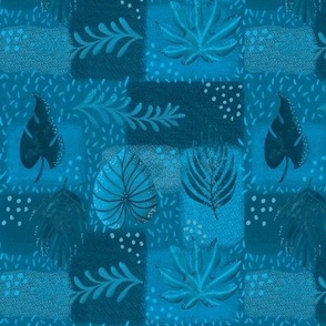 Tropical handdrawn non directional leaves on textured patchwork rectangles 6” repeat blue monochrome hues