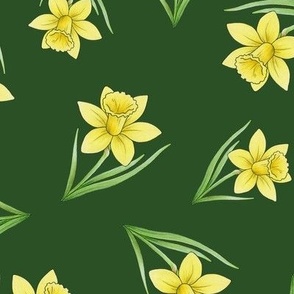 Daffodils ditsy on forest green - medium-large scale