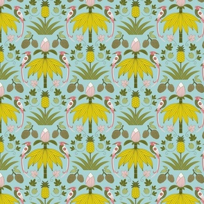 (S) Tropical fruits in paradise damask light blue
