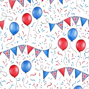 Red, White and Blue British Bunting and Balloons on white - medium scale