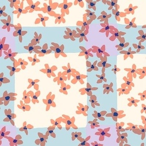 Pattern Clash_Large checker in light blue and coral pink ditsy floral