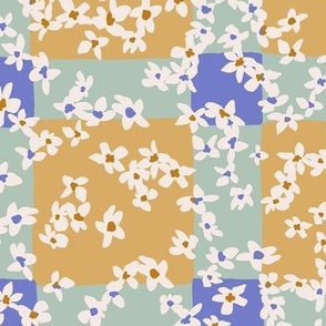 Pattern Clash_Large checker in mustard yellow and lavender blue with mint green ditsy floral