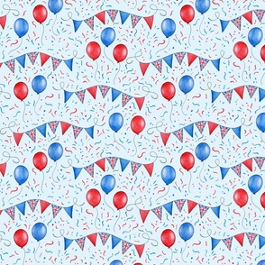 Red, White and Blue British Bunting and Balloons on cloud blue - small scale