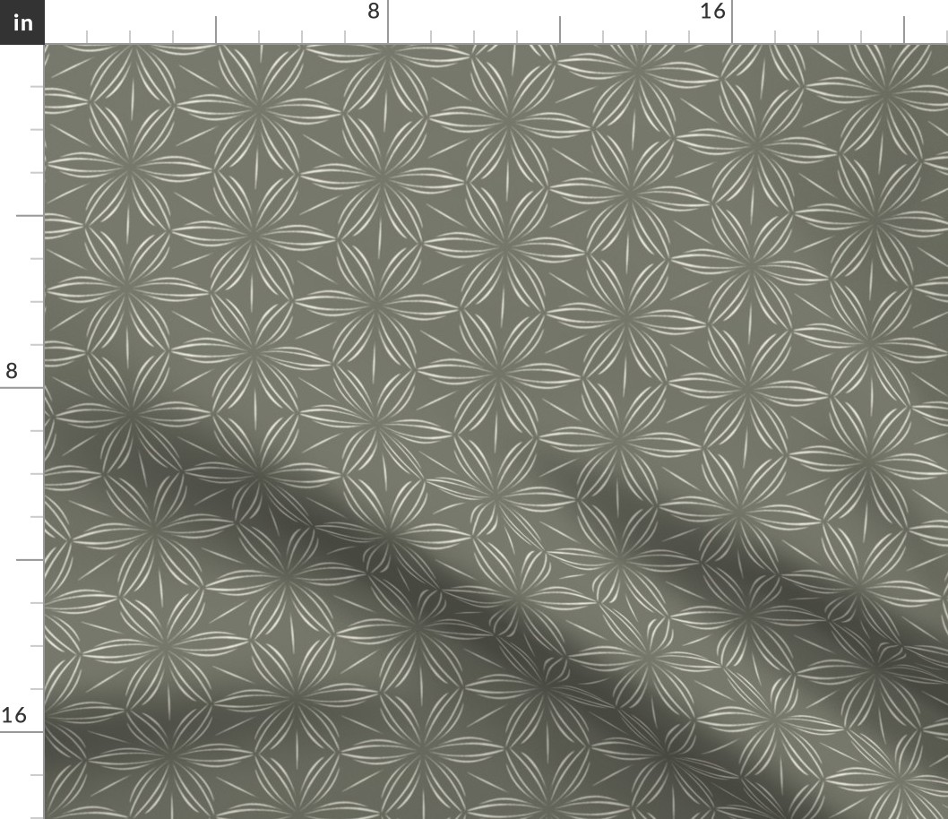 Flowers and Lines _ Creamy White_ Limed Ash Green _ Floral