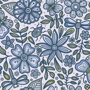 Blue and Green Doodle Floral Garden