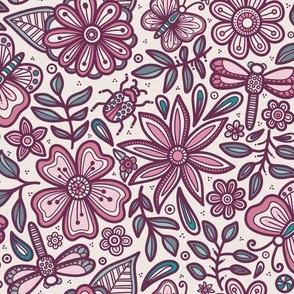 Doodle Floral Garden - Pink, Teal, Baby Pink