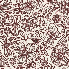 Doodle Floral Garden - Boho Brown and Cream