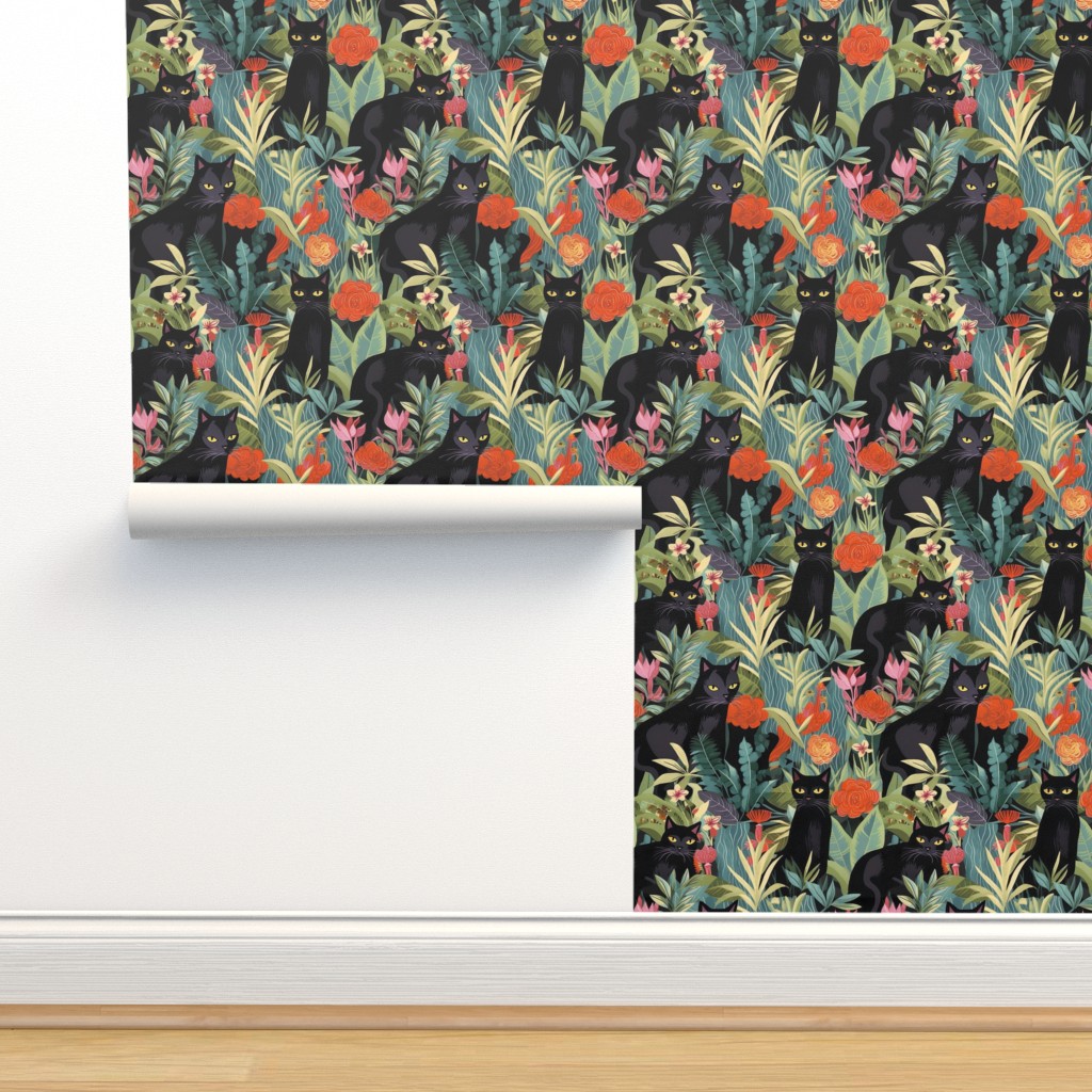 Black Cats in the Garden Wallpaper | Spoonflower