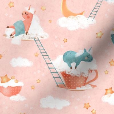Pink baby girl bedding with cute  pink and blue unicorns, red tea cups, clouds and stars, medium scale