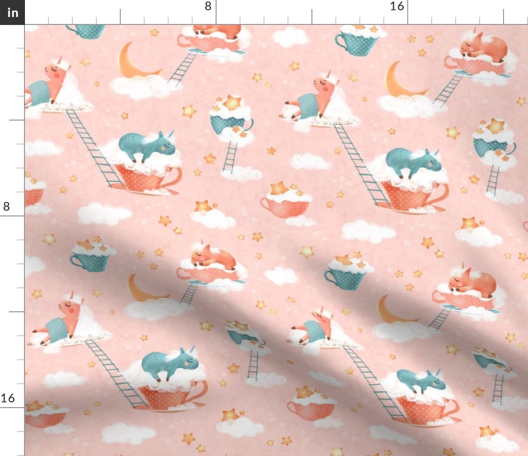 Pink baby girl bedding with cute  pink and blue unicorns, red tea cups, clouds and stars, medium scale