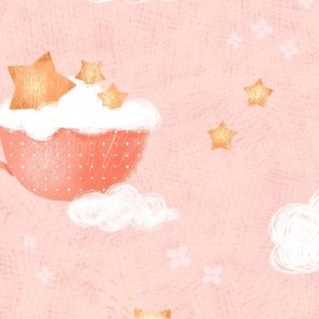 Pink baby girl nursery wallpaper with  cute unicorns,  cups, stars and clouds, large scale